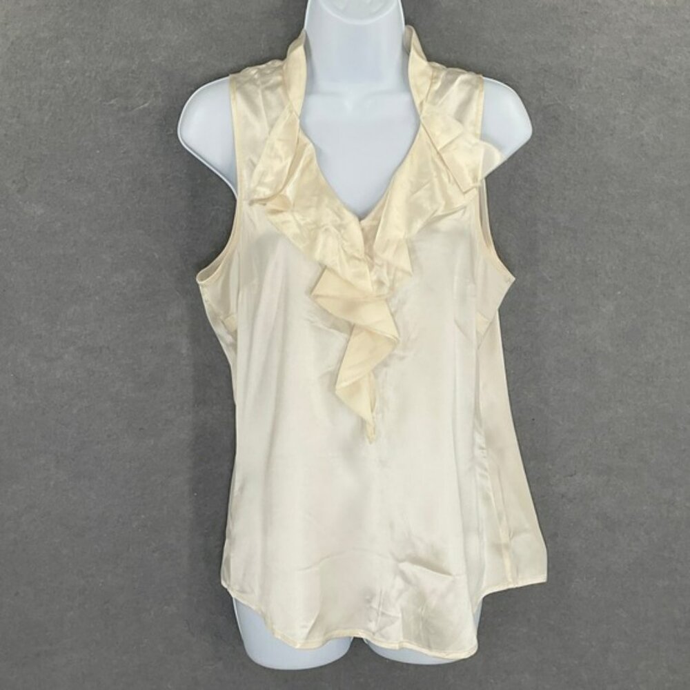 White House Black Market‎ Top Sz M Silk Sleeveless Ruffle Blouse Cream Career